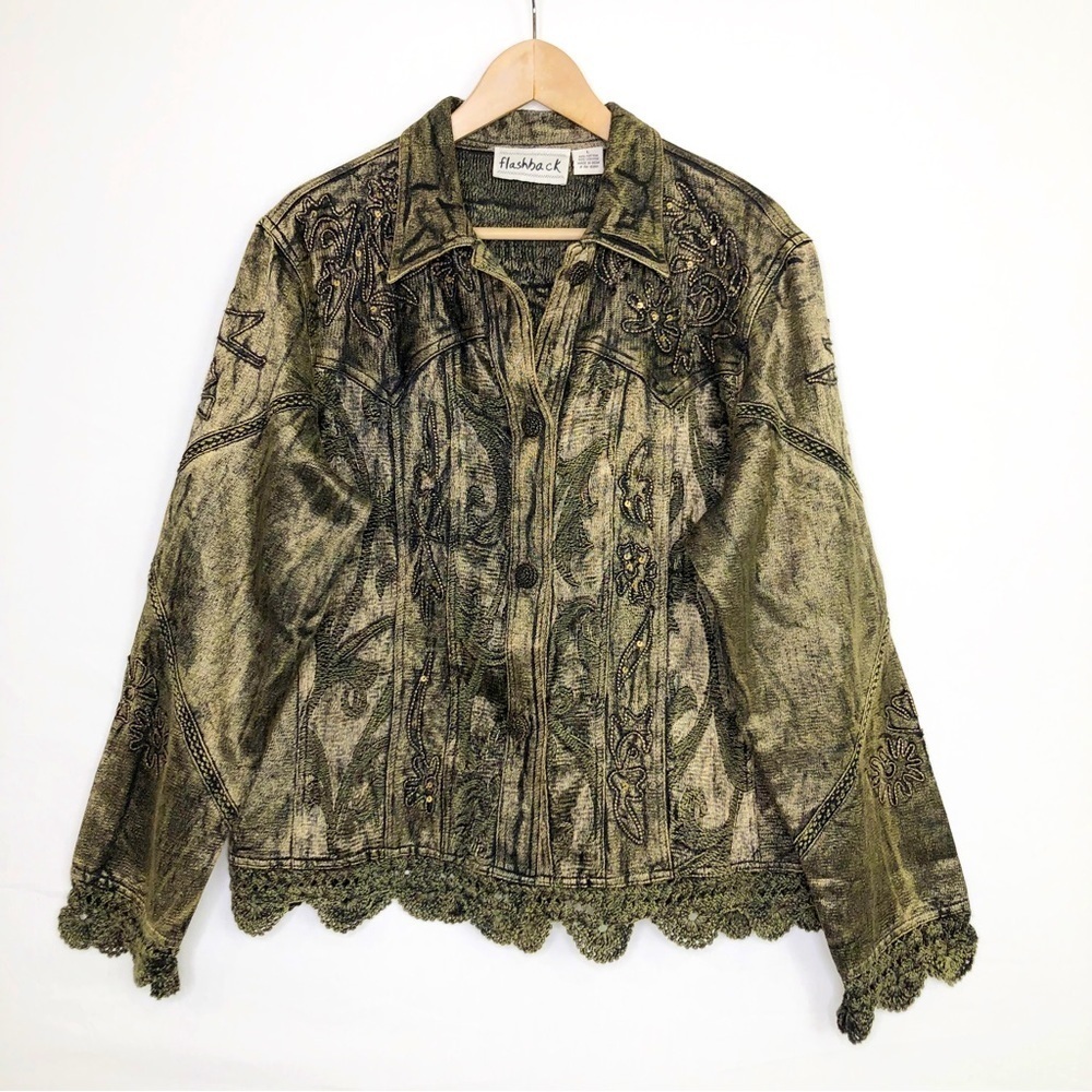 Flashback bronze crochet, embroidered sequin detail button down closure jacket